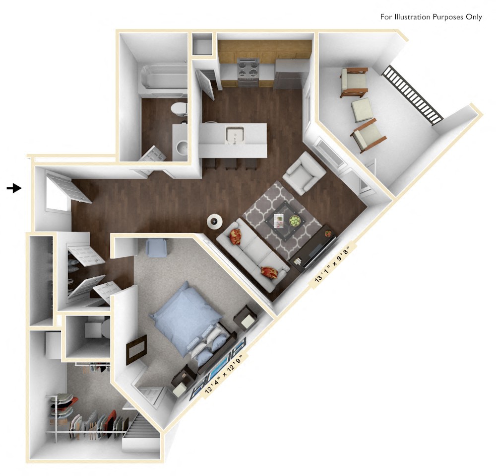 Floor plan for studio, 1 bath, 684 sqft